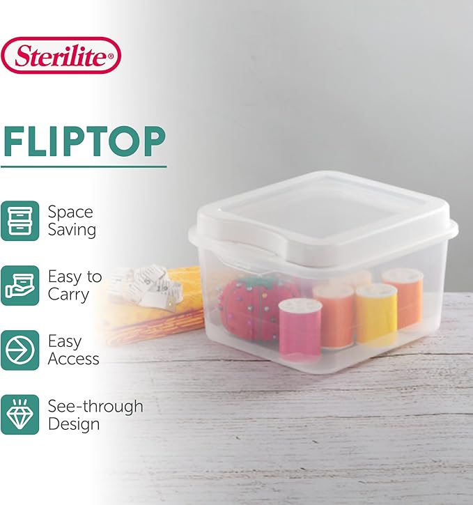Sterilite Square Small FlipTop, Clear Plastic Storage Box, 48-Pack | Bin with Hinged Lid, Stackable Multipurpose Organizer for Art & Craft Supplies, Accessories, Photos & CDs, Home or Office Use
