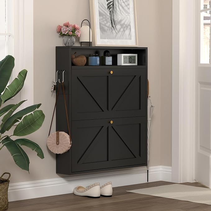 Hidden Shoe Rack, 2 Flip-Down Front Door Shoe Storage, Ultra Slim Shoe Cabinet Wall Mounted, Floating Shoe Storage Cabinet for Entryway, Space-Saving Moeden Cabinet for Small Place, Black