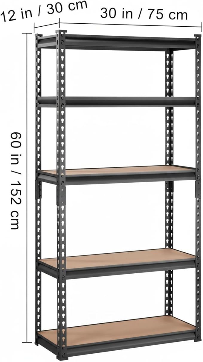 Storage Shelving Unit, 5-Tier Adjustable Metal Storage Shelves, 30" L x 12" W x 60" H Heavy Duty Garage Storage Shelves for Kitchen Pantry Basement Bathroom Laundry