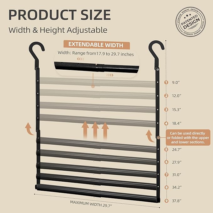 STORAGE MANIAC Adjustable Closet Rod for Hanging Clothes, 2 Pack Black | Expandable 17.9"-29.7" Heavy-Duty Metal Closet Hanging Rod with 9 Height Adjustments, Space-Saving Double Closet Organizer