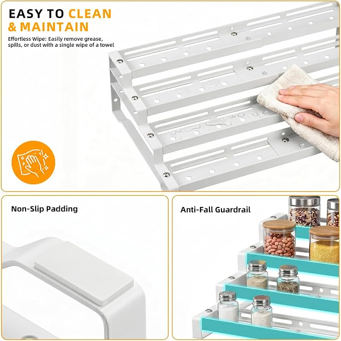 Spice Rack Organizer for Cabinet, 13-21.5" Expandable Spicy Shelf | 11.6" Wide 4-Tier White Metal Seasoning Organizer, Kitchen Spice Organization, Slip-Resistant Guardrails for Jars and Cans