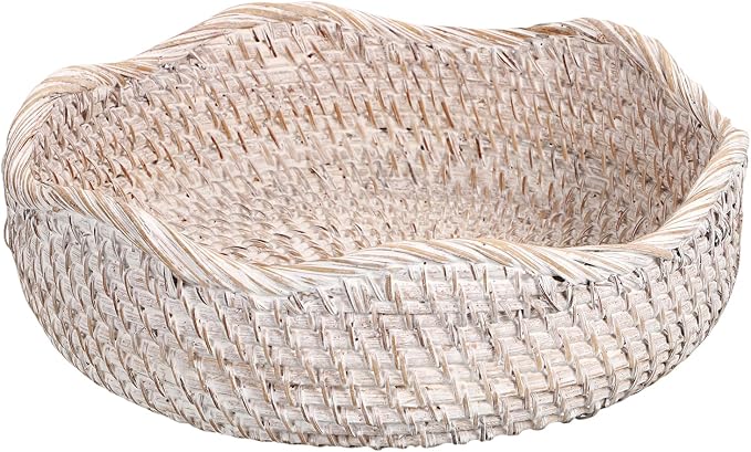 Hipiwe Rattan Key Basket for Entryway Table Handwoven Small Baskets Tray | Decorative Coffee Table Trays Wicker Storage Baskets Bowl Round Fruit Bread Serving Basket Tray, Whitewash