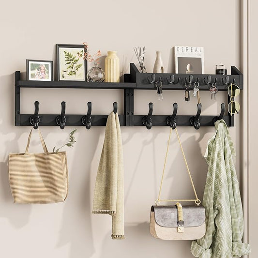 Evermagin 35" Coat Rack Wall Mount with Shelf & 13 Hooks, Entryway, Black | 4-in-1: coat hooks, key hanger, mail holder & display shelf. Pine wood. For bedroom, hallway, mudroom, livingroom