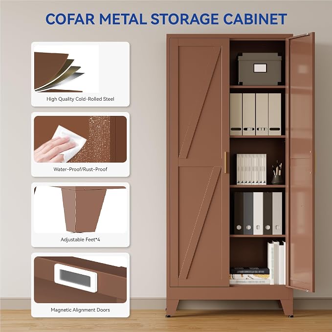 COFaR 71'' Tall Metal Storage Cabinet, Farmhouse Kitchen Pantry Cabinet with Doors and 4 Adjustable Shelves, Brown Metal Cabinets for Garage, Kitchen, Bathroom, Laundry, 5-Tier