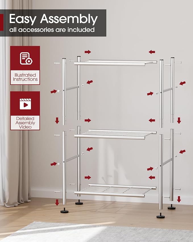 Sakugi Storage Shelves - 3 Tier Shelf Organizer, Sturdy Metal Shelving with Adjustable Leveling Feet, Space-Saving Shelves Organizer for Pantry, Laundry, Kitchen (18" x 12" x 30", Silver)