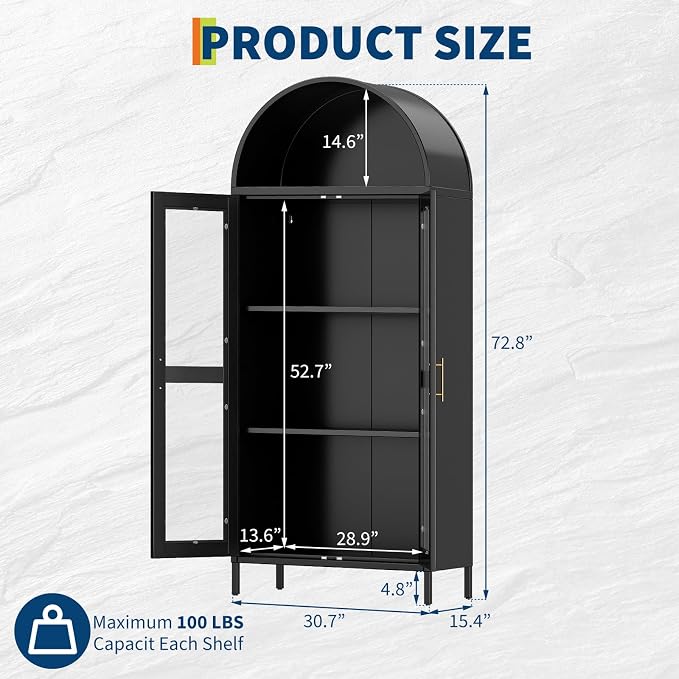 Garvee 73" Tall Arched Cabinet with Glass Doors and Adjustable Shelves | Black Arched Bookcase & Bookshelf, Freestanding Display Cabinet for Dining, Kitchen, Living Room, Powder-Coated Finish