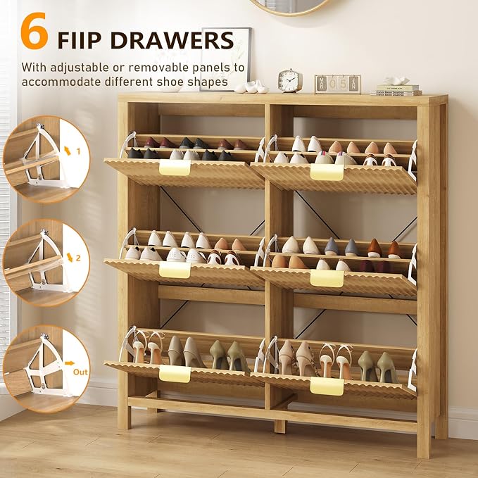 47" Fluted Shoe Cabinet Storage with 6 Flip Drawers for Entryway, Hallway | Slim Shoe Rack Freestanding Wooden Shoe Organizer with Legs for Hallway, Living Room, Oak