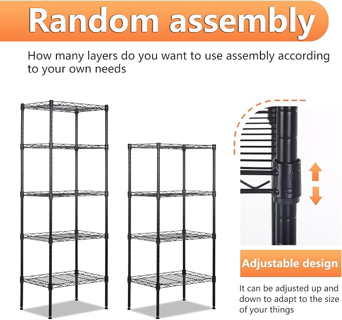 BestOffice | 5-Tier Wire Shelf | 17" x 12" x 48" | Black | Storage Shelves with Adjustable Racks, Holds upto 750 lbs | Rust-Resistant, No-Tool Assembly | For Home, Garage