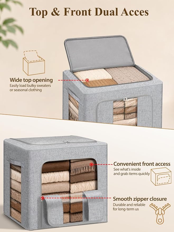 punemi 50L Cashmere Sweater Storage Bag with Steel Frame, 1 Pack, Grey | Natural Cedar Balls Included, Clear Window, for Cashmere, Wool Sweaters & Knitwear, Closet & Bedroom Storage