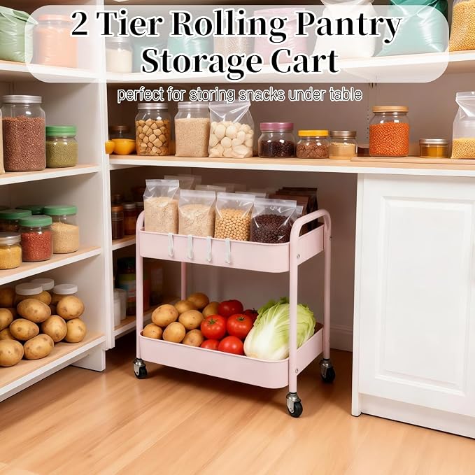 2 Tier Pink Rolling Cart with Wheels for Under Desk Storage, Large Capacity Rolling Pantry & Kitchen Storage Cart for Small Space, Sturdy Metal Bathroom Shelf Laundry Room Organization