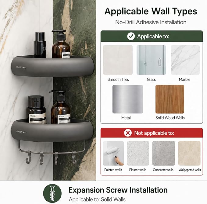 Corner Shower Caddy Adhesive Mount, No Drilling Shower Organizer | 2 Pack, Includes Hooks &Hanging Bar, Rustproof Aluminum, 2 Installation Ways, Wall-Mounted Bathroom Organizer Storage Shelves