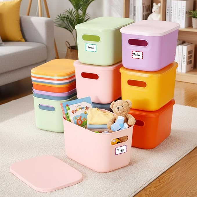Thyle 12 Pack Pastel Colorful Plastic Storage Bins with Lids 7 Quart Toy Storage Box Stackable Nestable Organizer Boxes with Handle and Labels for Classroom Shelf Bedroom Desktop Toys School Supplies
