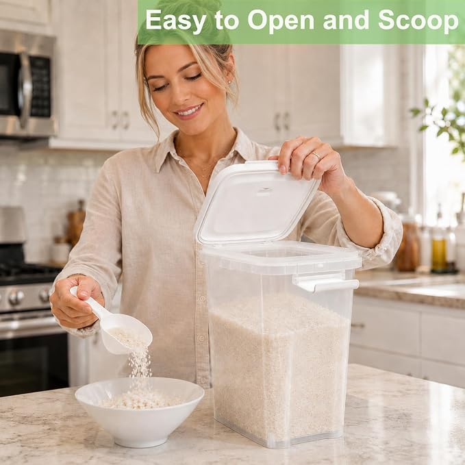 Rice Storage Container 10-15 Lbs, Airtight Flour Dry Food Bin with Scoop | Tight-Lock, Food-Grade Plastic Food Storage Container Dispenser for Cereal, Sugar, Kitchen, Pantry Organizers and Storage
