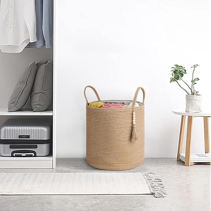 Mkono Tall Wicker Laundry Basket Woven Storage Basket Decorative Natural Rope Basket Wooden Bead Decoration for Blankets,Toys,Clothes,Shoes,Plant Organizer Bin with Handles Living Room 15"Wx17.7"L | Brown, Jute, Decorative Basket with Handle, Wood Bead...