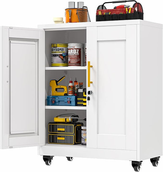 GAIOUS Metal Storage Cabinet with Lock and Wheels, Steel Tool Cabinet | with 2 Door and 2 Adjustable Shelves, 35” Tall Lockable File Cabinet, Garage Cabinet, Rolling Cabinet for Home Office - White
