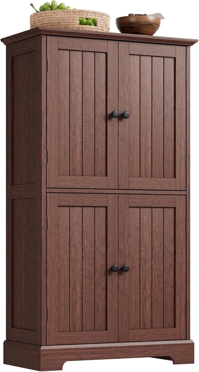 ChooChoo Bathroom Floor Cabinet with Adjustable Shelves | Bathroom Storage Cabinet, 4 Doors, Freestanding Cupboard for Living Room, Kitchen Pantry, Walnut