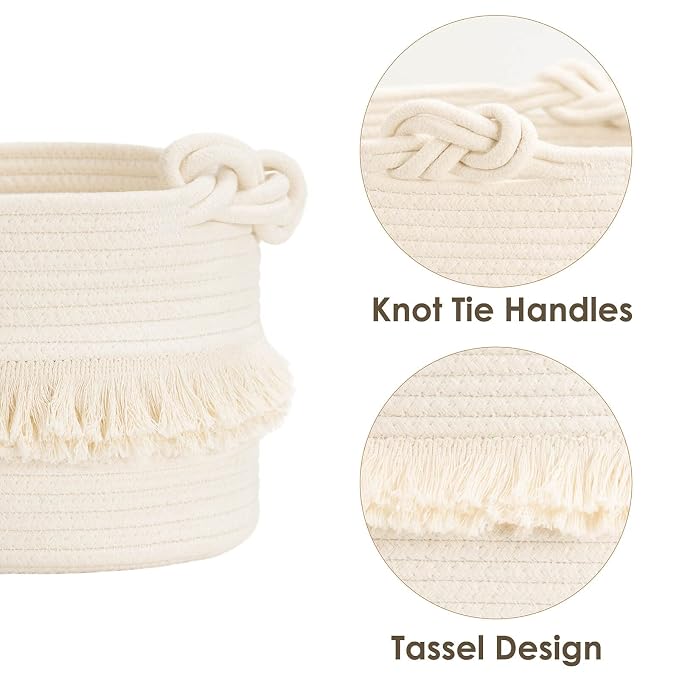 CherryNow Small Woven Rope Baby Basket with Tassel, 9.5" x 7", Off-White | Cute Storage Basket for Baby Shower, Toys & Daily Essentials, Fits Nursery Living Room Decor, with Knotted Handles