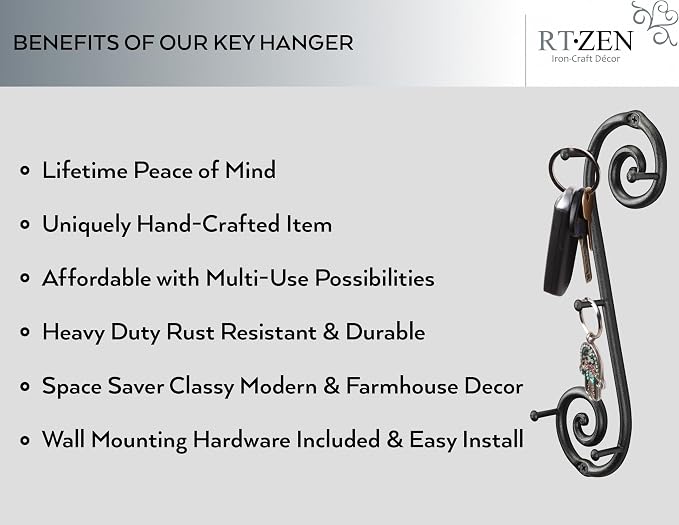 RTZEN Farmhouse Small Key Holder for Wall, Wrought Iron Wall Mount Rack | Handcrafted Swirl Decorative, 5 Key Hooks for Home Entryway, Purse, Coat and Leash Holder or Organizer (Vertical Black)
