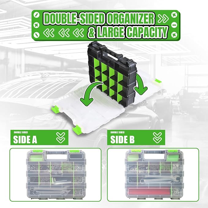 Jack Boss Tool Box with Transparent Lid, Double Side 34-Compartments Organizer Box with Removable Dividers for Hardware, Screws, Bolts, Nails, Beads, Jewelry and Fishing Accessories, Green, 1 Pack