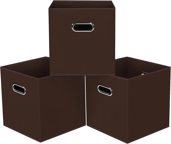 Black Foldable Storage Cubes Bins, Fabric Storage Box Cubes Organizer Baskets with Dual Handles for Home Organizer,Set of 3,(Coffee)