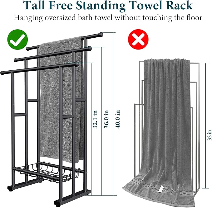 Kayfia 40'' Freestanding 3 Tier Alloy Steel Towel Rack with Storage Basket | Dual-Use Drying & Display Rack, Holds Oversized Bath Towels & Blankets, Fits Bathroom, Tub, Shower, Poolside, Black