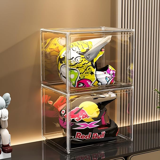 GUDEMAY Large Clear Stackable Plastic Storage Bins with Door, Dustproof Figures Collectibles Display Case, Football & Motorcycle Helmet Showcase, Basketball, Memorabilia Organizer Box (XL, Count, 1)