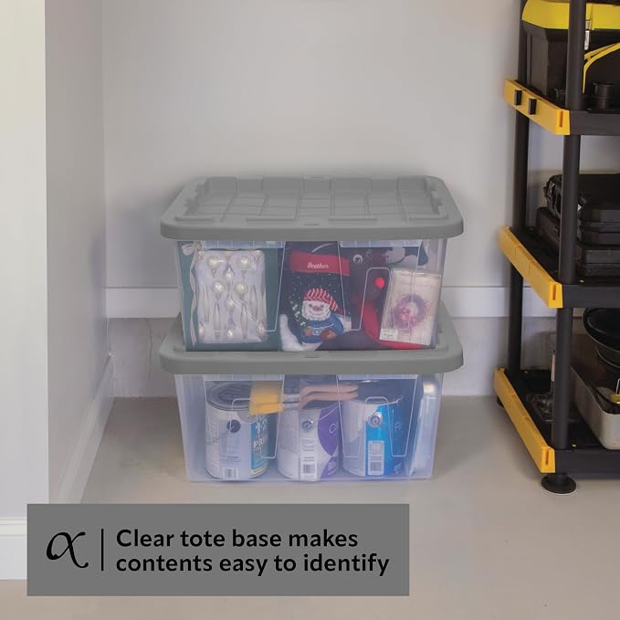 CX 27-Gallon Heavy Duty Clear Stackable Storage Bins with Lids, 2 Pack | Clear plastic totes for garage organization, Stackable, weather-resistant, snap lids, 14.3H x 20.6W x 30.6D, Clear/gray
