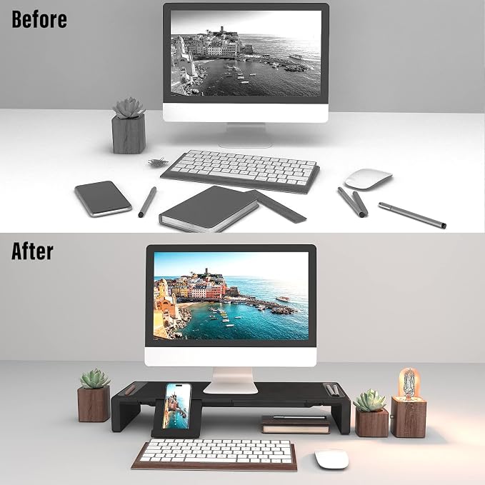 Adjustable Monitor Stand Riser with Drawer - Foldable Computer Stand for Desk, Desktop Organizer with Phone Holder & Pen Slot, Space Saving Laptop Riser for Home Office, Black