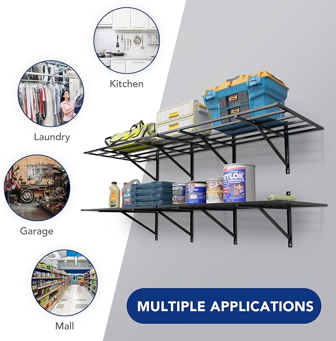 FLEXIMOUNTS 2 Pack 2x6ft Heavy Duty Garage Storage Shelving, 1600lbs, Black | Powder-Coated Steel, 24" x 75" Wall Mounted Garage Shelves for Storage Bins, Tool Boxes, and Bulk Storage, Pro Series