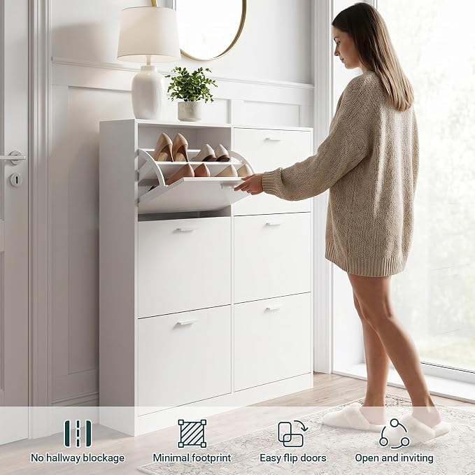 Shoe Cabinet with 6 Flip Drawers, Narrow Freestanding Shoe Organizer, Hidden Slim Shoe Storage Cabinet for Entryway, Hallway, Living Room, White