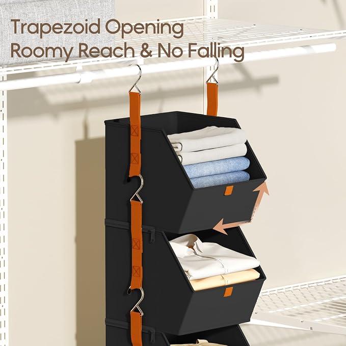 Homsorout Collapsible Hanging Closet Organizer - 6 Tier Closet Shelves Storage System with Hooks, Fabric Hanging Storage Bins for Clothes, Foldable Storage Basket for Laundry, Bedroom, Rv, Black