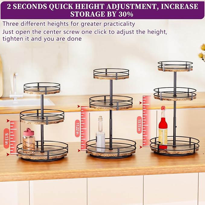 Heavy-Duty 3-Tier Lazy Susan Organizer, Adjustable to Different Heights, Countertop Spice Rack, Upgraded Thickened Wooden Board, Suitable for Seasoning Organizer, Kitchen Organization（2 Pack）