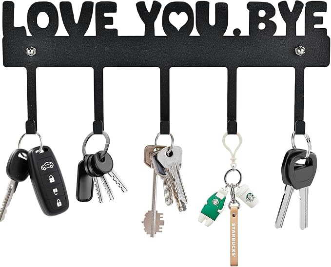 Key Holder Wall Mount, No Drill Adhesive, Black, 5 Hooks | 'Love You.Bye' Entryway Organizer, Metal, 10x4 Inch, Screws Installation
