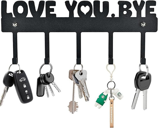 Key Holder Wall Mount, No Drill Adhesive, Black, 5 Hooks | 'Love You.Bye' Entryway Organizer, Metal, 10x4 Inch, Screws Installation