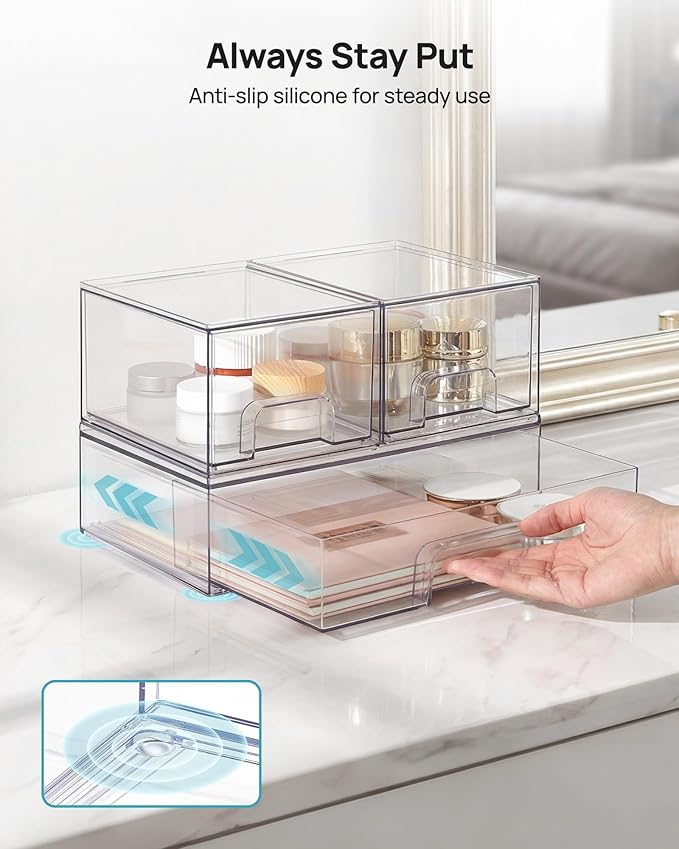Vtopmart Stackable Storage Drawers Set of 3,Clear Plastic Organizer Bins for Makeup, Cosmetics, Beauty Supplies,Ideal for Vanity, Bathroom,Cabinet,Pantry Organization