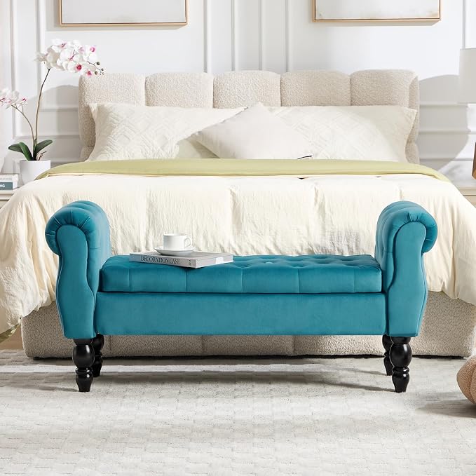47″ Storage Bench with Arms End of Bed Bench,Velvet Entryway Bench with Storage, Button Tufted Upholstered Ottoman Bench Wood Legs, Window Sitting Bench for Bedroom/Living Room/Hallway, Teal