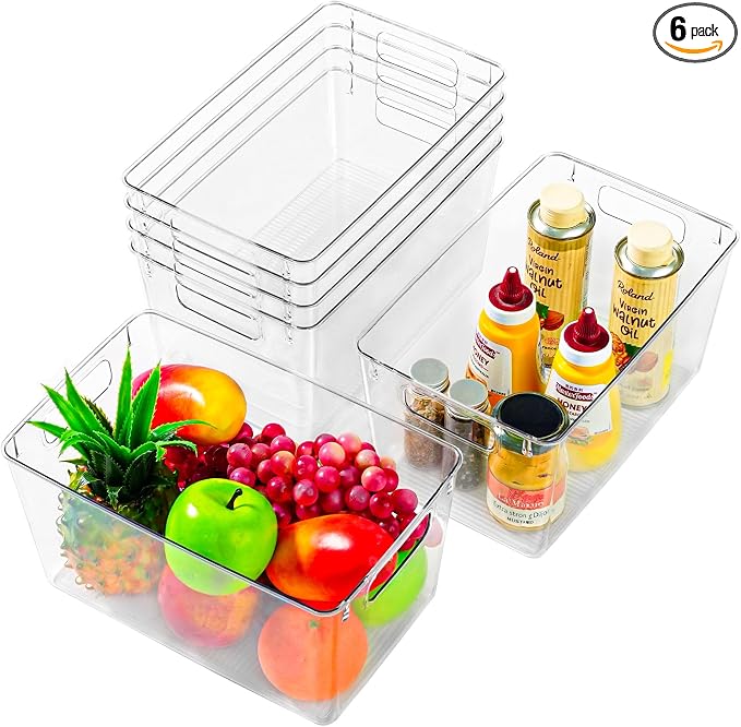 Freebat 6 Pack Pantry Organization and Storage,Clear Plastic Storage Bins | Large, Cabinet Organizer, Clear Plastic Storage Containers with Handle,Acrylic Storage Bins for Cabinet, Fridge