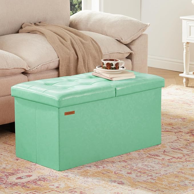 HAUSFRAU Ottoman with Storage Bench Folding Foot Rest Stool Teal | 30", Flip Lid, Faux Leather, Upholstered Foldable Footrest Footstool, Bedroom Bench, Living Room Dorm Ottoman, Rectangle