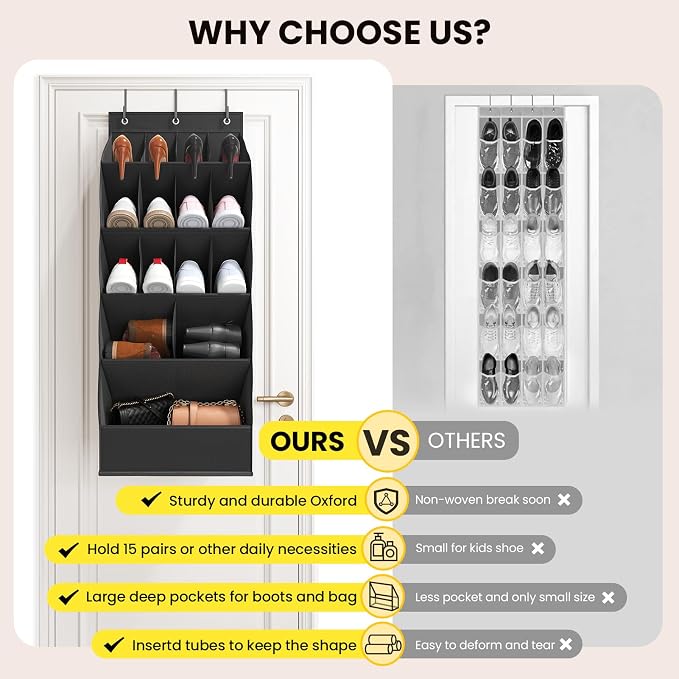 Mefirt Over the Door Shoe Rack for Closet Fit 18+ Pairs, Door Shoe Organizer with Large Breathable Pockets, Hanging Shoes Rack Fit Boots, Behind the Door Shoe Holder for Categorized Storage, Black