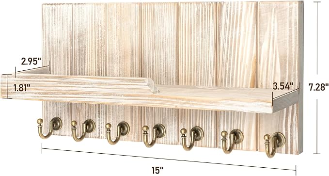 Rebee Vision Key Holder Wall Mount with 7 Hooks for Entryway, Natural Wood | Key Holder for Wall, Mail Organizer, Floating Shelf, Display Plant, Rustic Apartment Essential, Decorative Room Accent