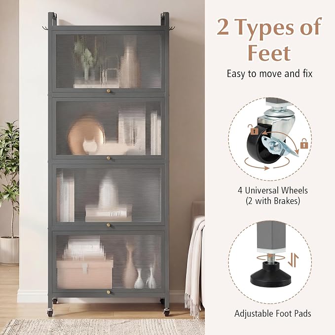 Giantex 5-Tier Kitchen Storage Cabinet, Freestanding Metal Pantry Cabinet w/ 4 Flip-up PC Doors, 4 Hooks & Adjustable Feet, 60” Tall Bakers Rack Microwave Stand for Dining Room, Living Room, Grey