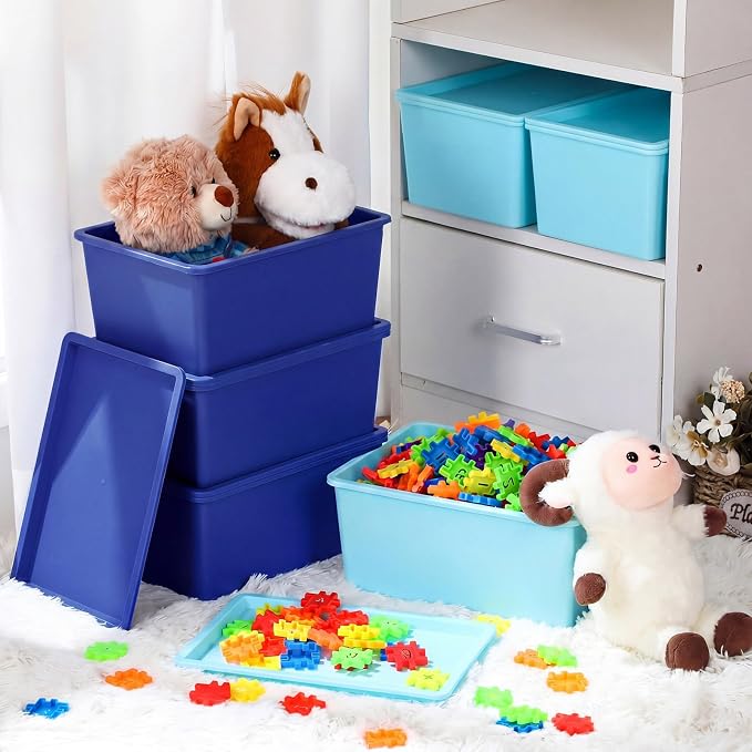 6 Pcs Storage Bins with Lids Small Plastic Storage Containers Stackable Storing Baskets Box Cute Organizer Bins for Organizing Shelves (Blue Series)