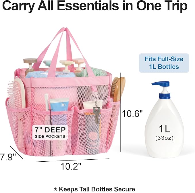 Mesh Shower Caddy Portable - 8 Pockets, S-Hook, Shower Bag for Dorm Camping | 2-Handle, Quick-Dry, Hanging Toiletry Organizer, College Dorm Room Essentials for Girls, Gym, Travel & Bathroom, Pink