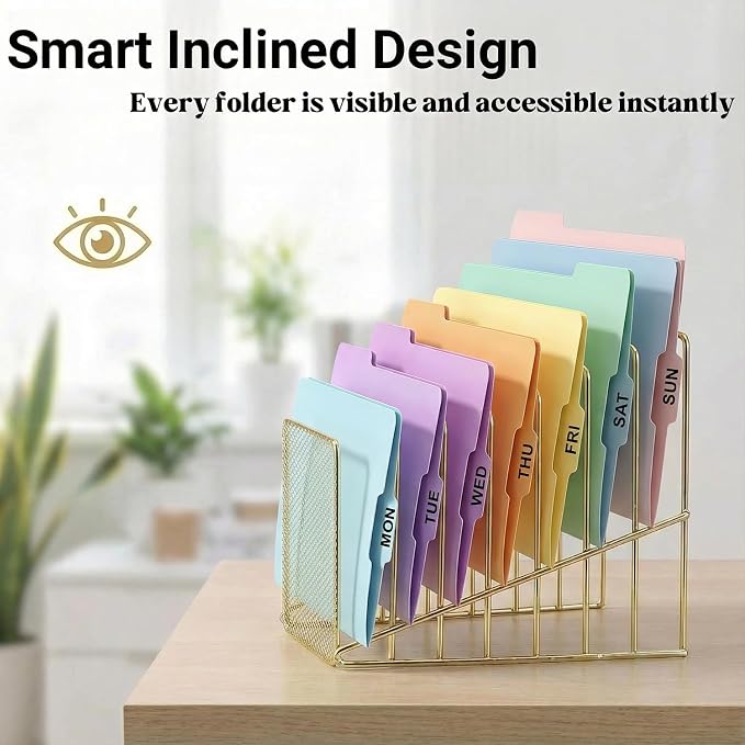 2 pcs Incline File Sorter, 7 Slot Magazine Holder for Letter, Document, Folder and Book, Metal Desktop Organizer Rack for Home, School and Office (2-gold)