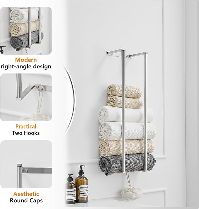 BWE Brushed Nickel Towel Rack Bathroom 28" Towel Holder for Rolled Towels | Stainless Steel Wall Mounted Towel Storage for Bathroom with 2 Hooks, 6 Large Bath Towels Capacity