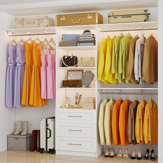 Closet System with 3 Wood Drawers, 5-8FT Closet Organizer System with Cuttable Shelves for Walk in Closet with 3 Expandable Hanging Rods, Heavy Duty Built-in Closet for Bedroom, White