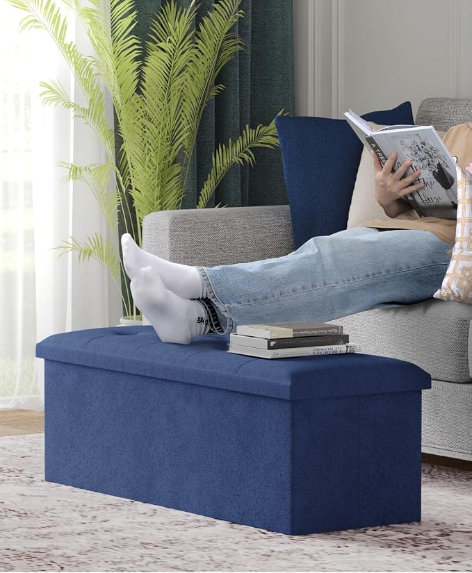 Folding Storage Ottoman Bench, Navy Blue, 43 Inches | Multi-Functional Ottoman Foot Rest, End of Bed Bench, Storage Chest, Living Room, Bedroom, Hallway, Entryway, 600 lb Capacity