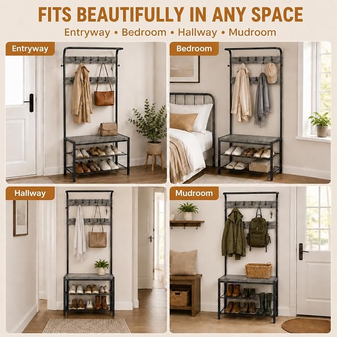 Simple Deluxe 4-in-1 Hall Tree with Bench and Shoe Storage, Entryway Coat Rack with 10 Hooks, Freestanding Mudroom Organizer with 2-Tier Shoe Rack for Entryway Bedroom Foyer, Grey