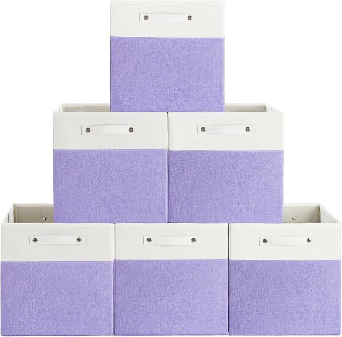 FinishingBo 13x13x13 Storage Cube Bins 6 Pack, Cube Shelf Baskets | Foldable Storage Cubes, Linen Storage Bins with Handles, Closet Organizers, White/Purple