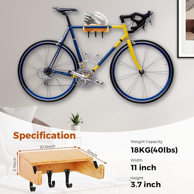 Bike Wall Mount - Indoor Bicycle Rack | Bamboo Bike Rack Storage with Detachable Hangers, Easy to Assemble